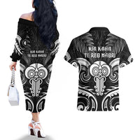New Zealand Te Reo Maori Couples Matching Off The Shoulder Long Sleeve Dress and Hawaiian Shirt Korero Maori Ai Au LT05 - Polynesian Pride