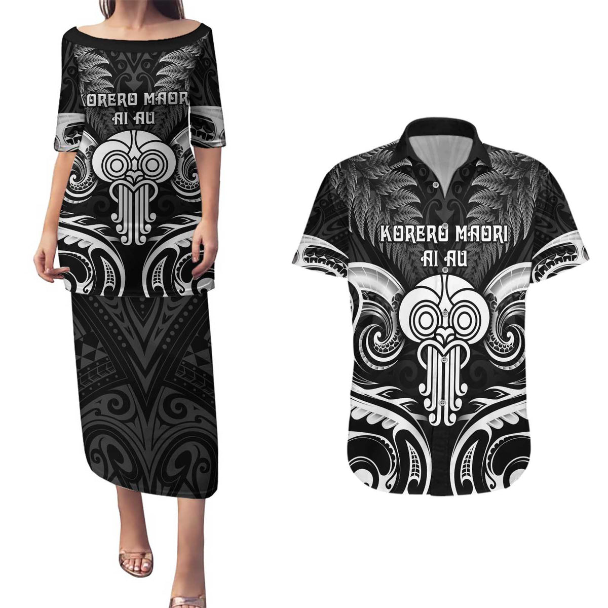 New Zealand Te Reo Maori Couples Matching Puletasi and Hawaiian Shirt Korero Maori Ai Au LT05 Black - Polynesian Pride