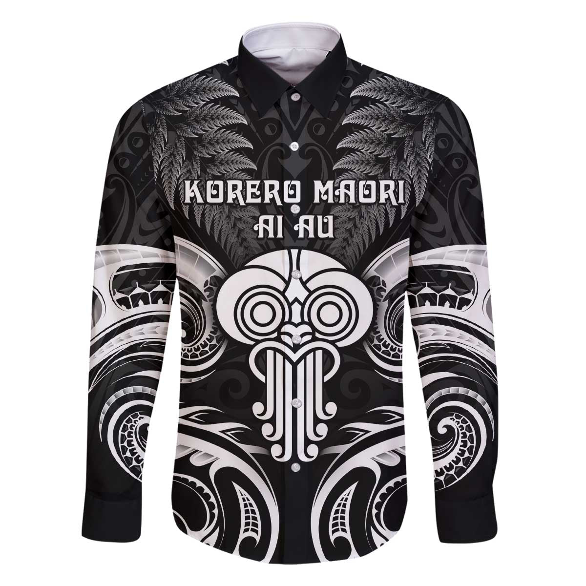 New Zealand Te Reo Maori Family Matching Off The Shoulder Long Sleeve Dress and Hawaiian Shirt Korero Maori Ai Au LT05 Dad's Shirt - Long Sleeve Black - Polynesian Pride