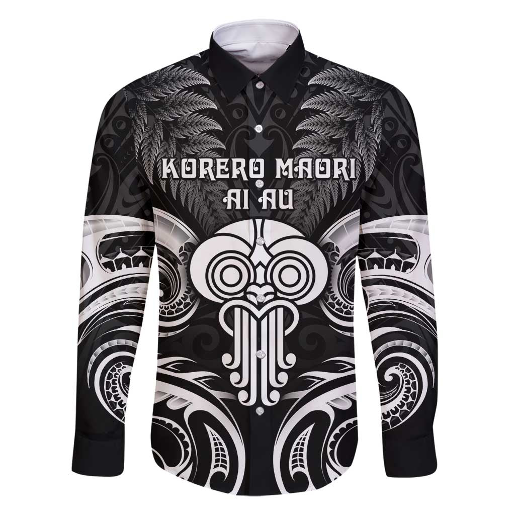 New Zealand Te Reo Maori Family Matching Off Shoulder Maxi Dress and Hawaiian Shirt Korero Maori Ai Au LT05 Dad's Shirt - Long Sleeve Black - Polynesian Pride