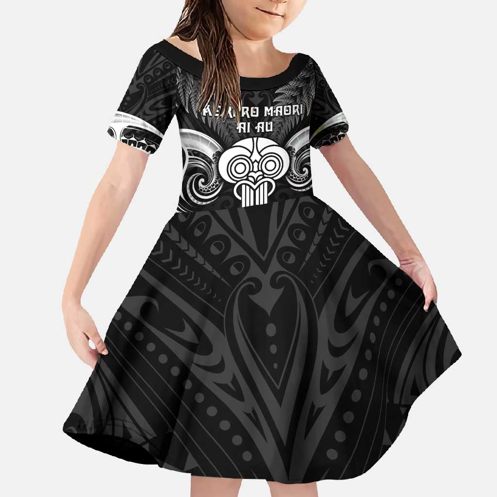 New Zealand Te Reo Maori Family Matching Short Sleeve Bodycon Dress and Hawaiian Shirt Korero Maori Ai Au LT05 Daughter's Dress Black - Polynesian Pride