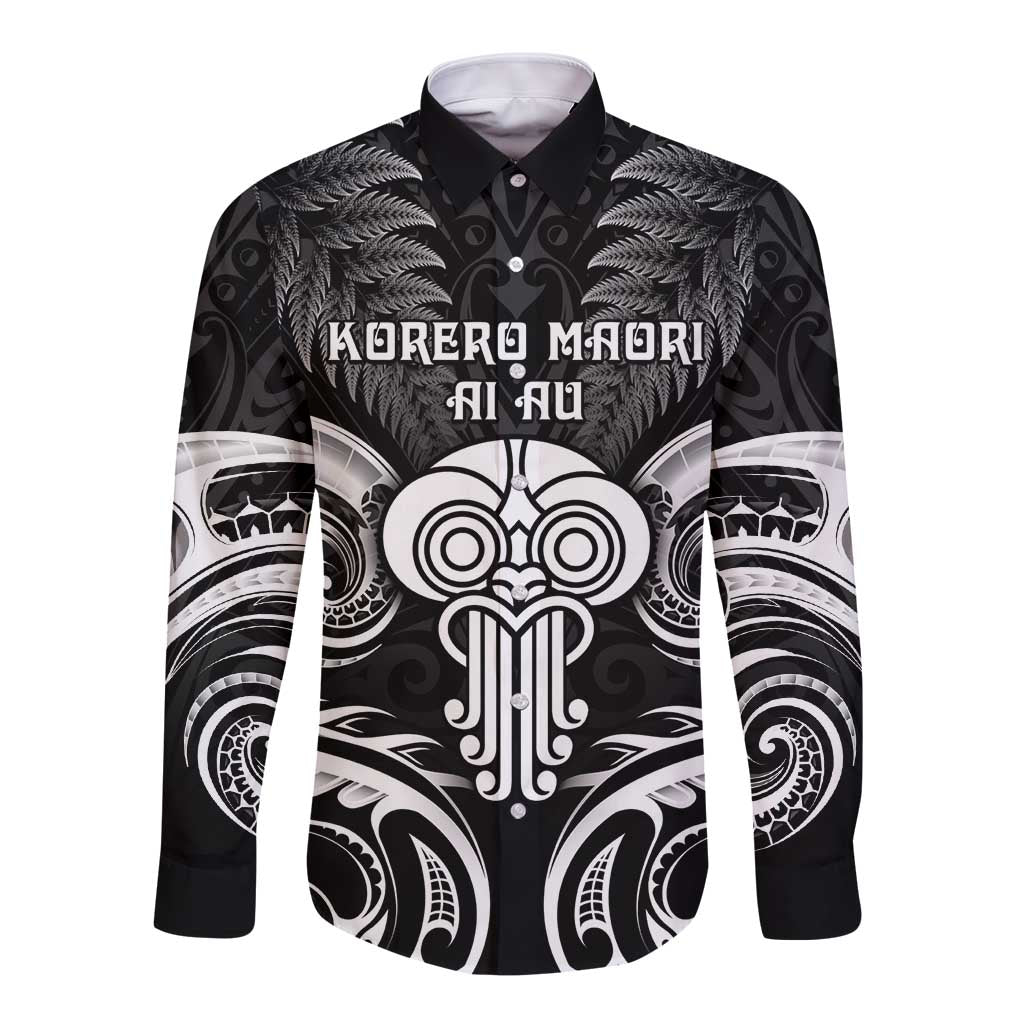 New Zealand Te Reo Maori Long Sleeve Button Shirt Korero Maori Ai Au LT05 Unisex Black - Polynesian Pride