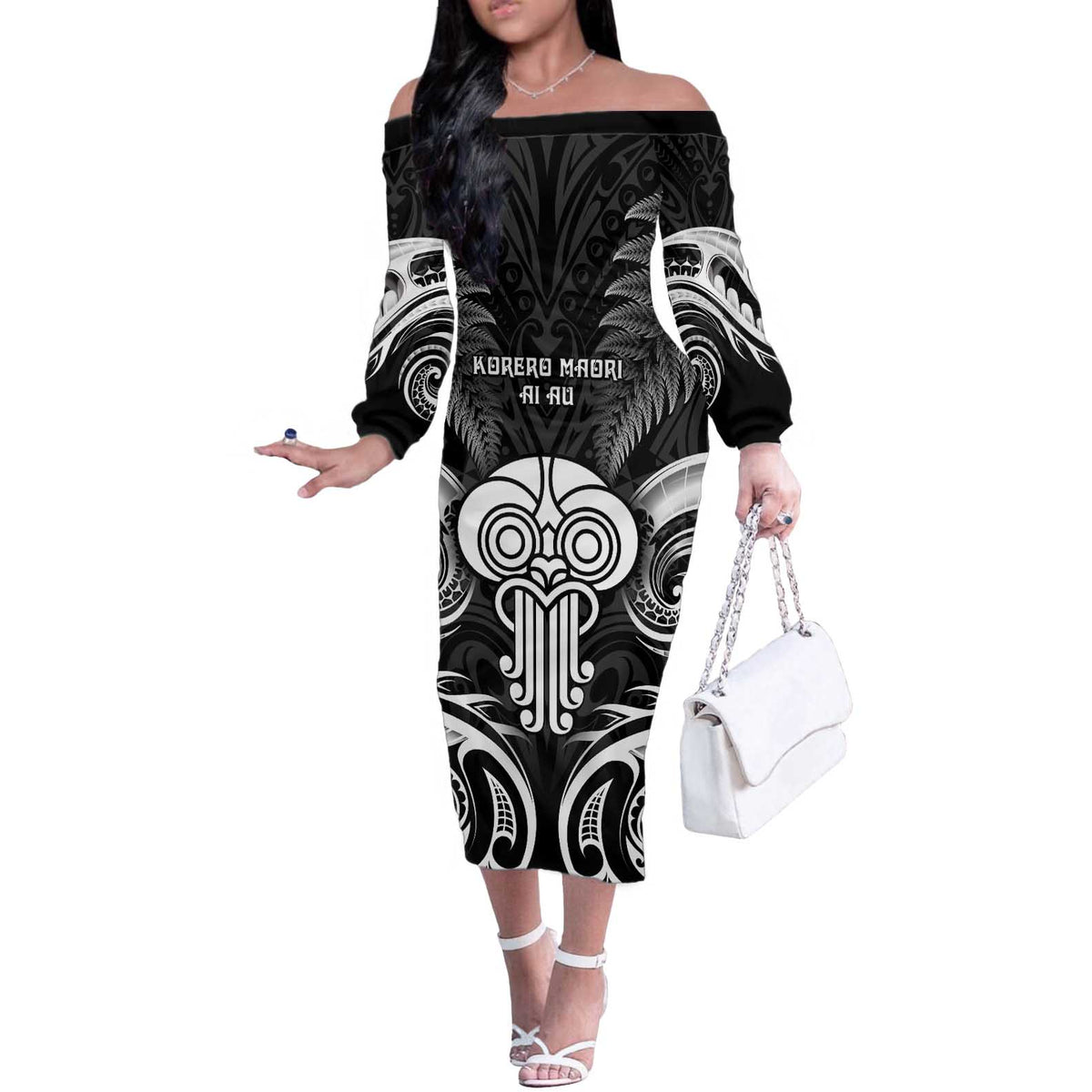 New Zealand Te Reo Maori Off The Shoulder Long Sleeve Dress Korero Maori Ai Au LT05 Women Black - Polynesian Pride