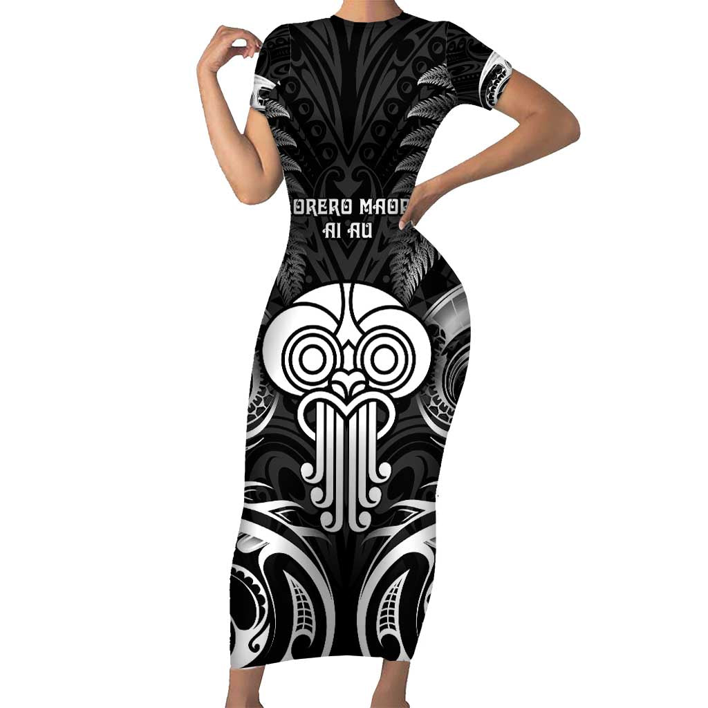 New Zealand Te Reo Maori Short Sleeve Bodycon Dress Korero Maori Ai Au LT05 Long Dress Black - Polynesian Pride
