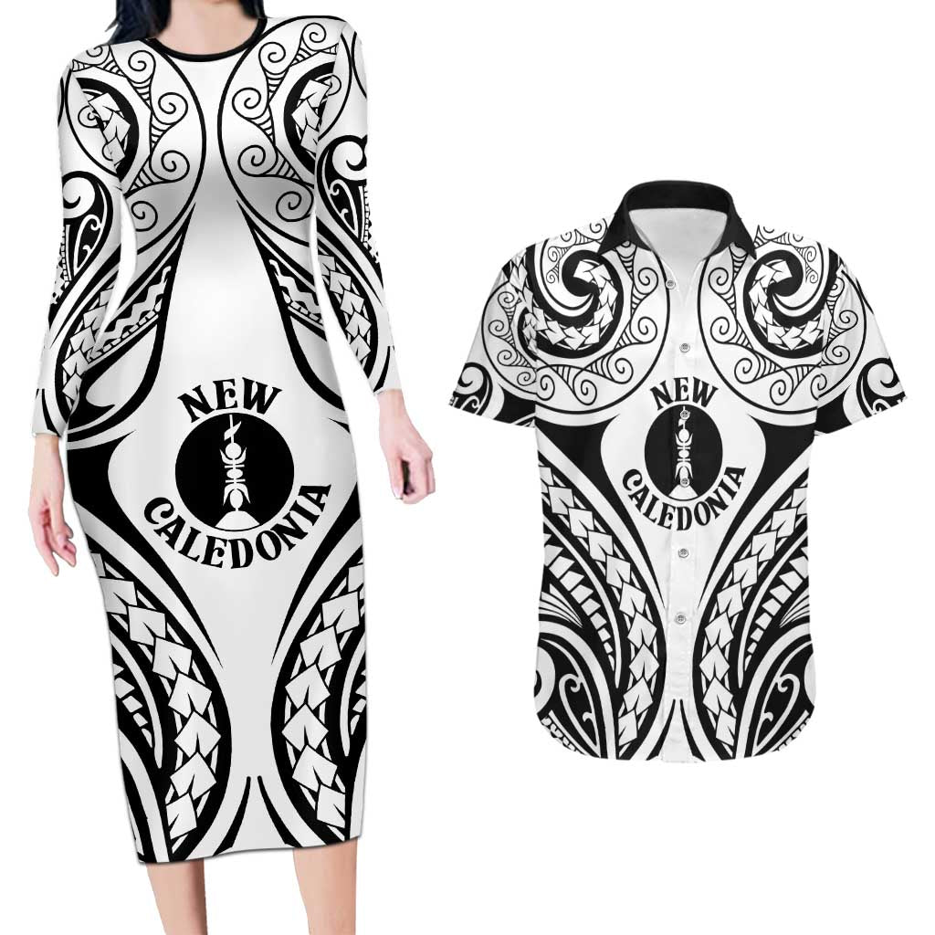 New Caledonia Day Couples Matching Long Sleeve Bodycon Dress and Hawaiian Shirt Polynesian Curves White Color LT05 White - Polynesian Pride