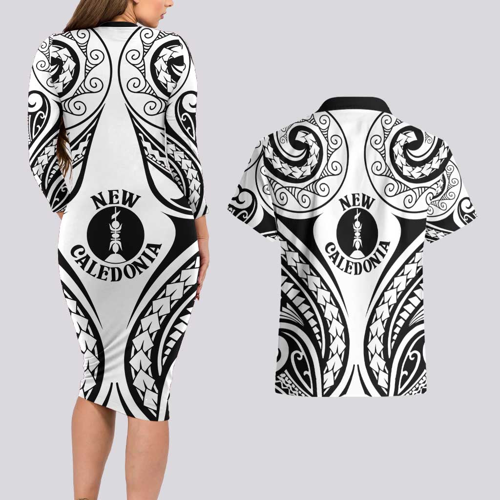 New Caledonia Day Couples Matching Long Sleeve Bodycon Dress and Hawaiian Shirt Polynesian Curves White Color LT05 - Polynesian Pride