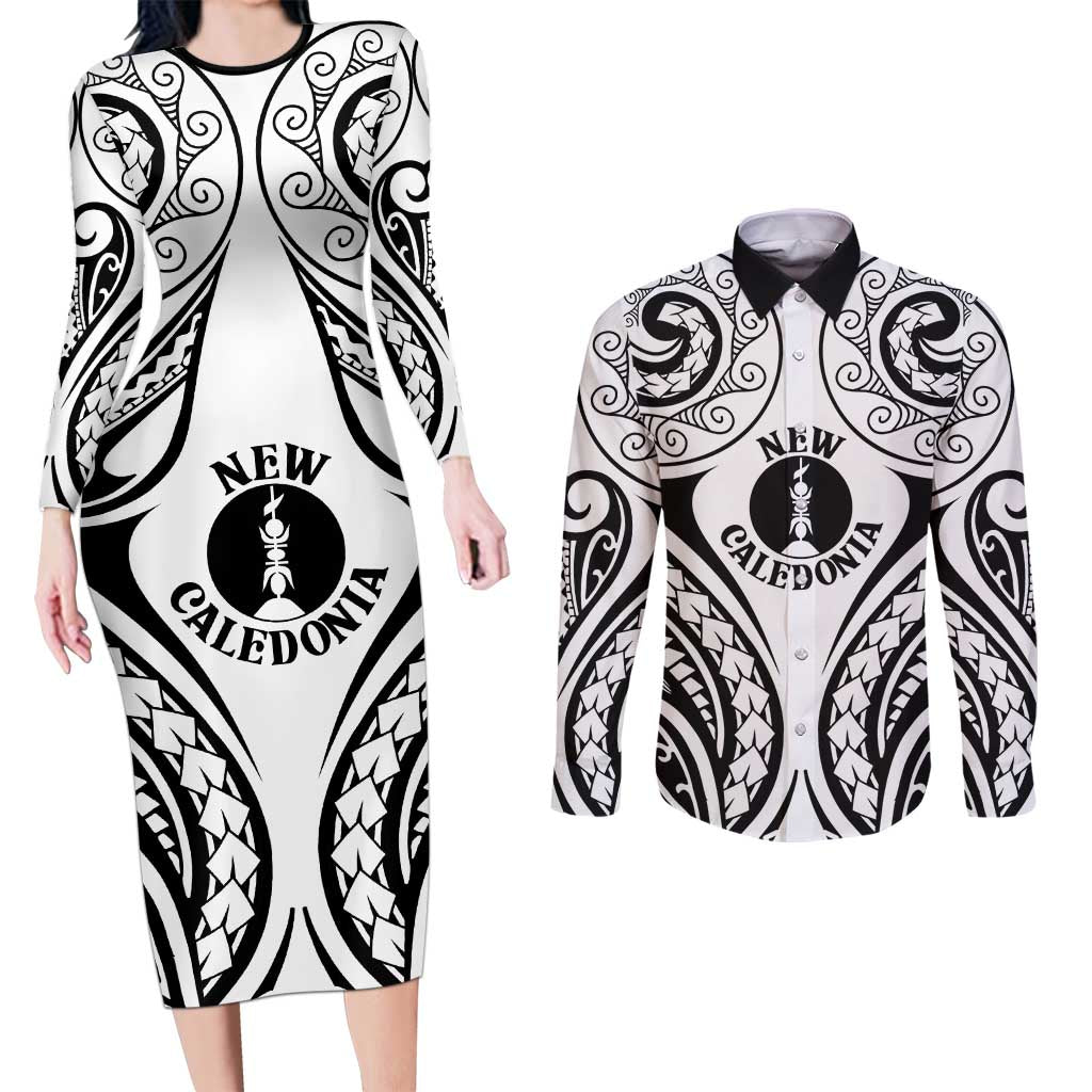 New Caledonia Day Couples Matching Long Sleeve Bodycon Dress and Long Sleeve Button Shirt Polynesian Curves White Color LT05 White - Polynesian Pride