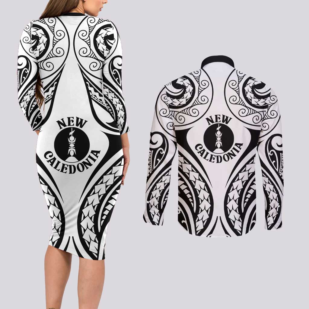 New Caledonia Day Couples Matching Long Sleeve Bodycon Dress and Long Sleeve Button Shirt Polynesian Curves White Color LT05 - Polynesian Pride