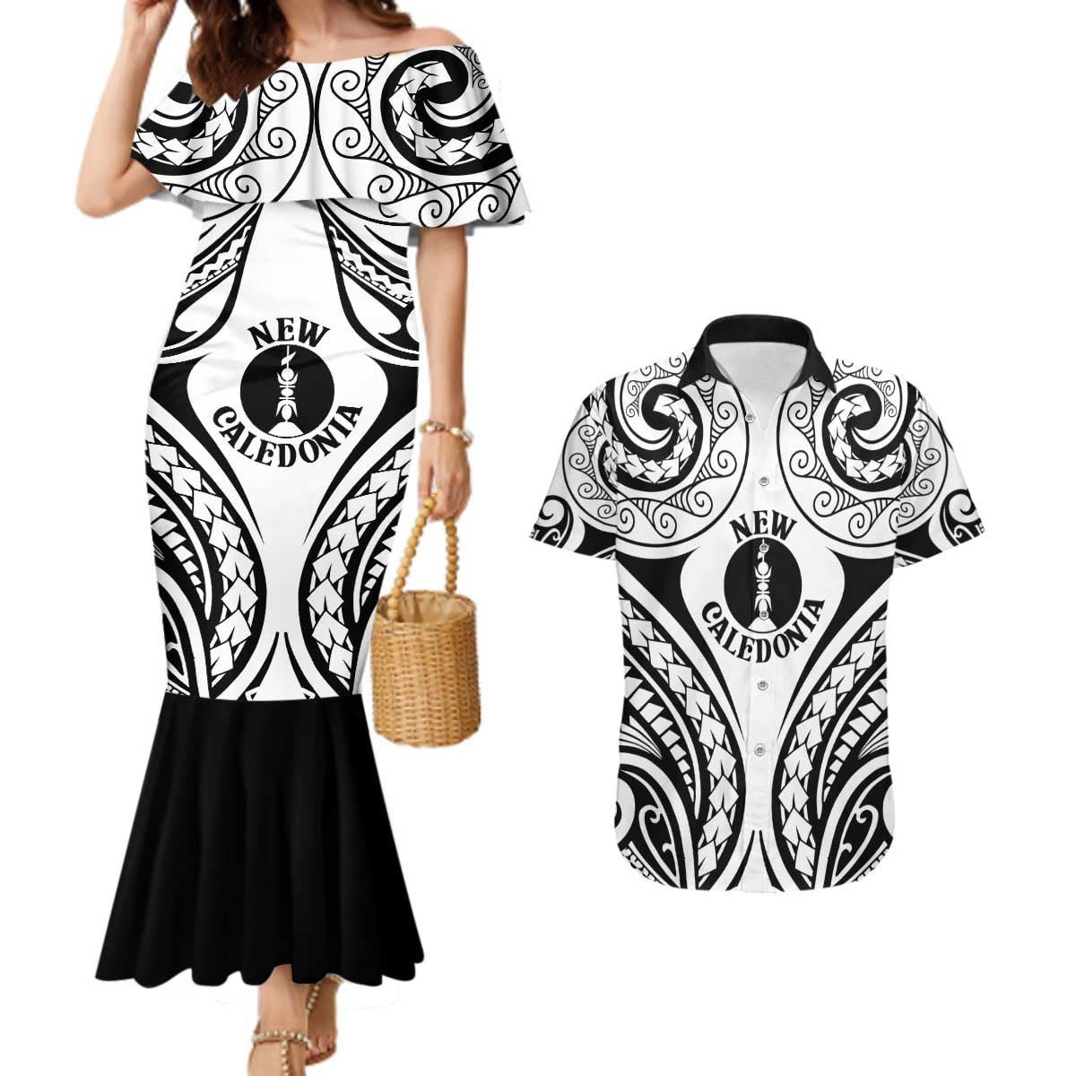 New Caledonia Day Couples Matching Mermaid Dress and Hawaiian Shirt Polynesian Curves White Color LT05 White - Polynesian Pride