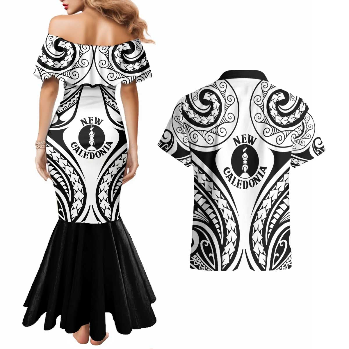 New Caledonia Day Couples Matching Mermaid Dress and Hawaiian Shirt Polynesian Curves White Color LT05 - Polynesian Pride
