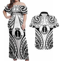 New Caledonia Day Couples Matching Off Shoulder Maxi Dress and Hawaiian Shirt Polynesian Curves White Color LT05 White - Polynesian Pride