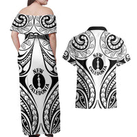 New Caledonia Day Couples Matching Off Shoulder Maxi Dress and Hawaiian Shirt Polynesian Curves White Color LT05 - Polynesian Pride