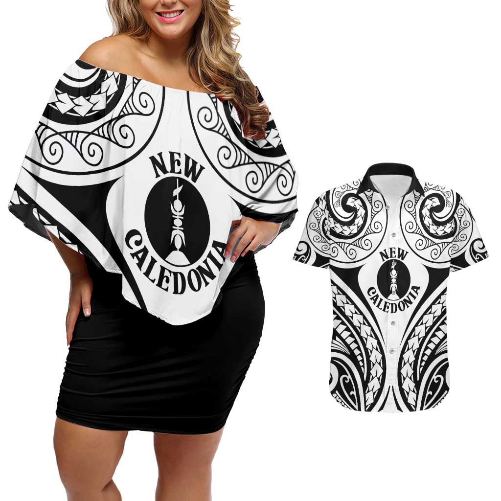 New Caledonia Day Couples Matching Off Shoulder Short Dress and Hawaiian Shirt Polynesian Curves White Color LT05 White - Polynesian Pride