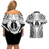 New Caledonia Day Couples Matching Off Shoulder Short Dress and Hawaiian Shirt Polynesian Curves White Color LT05 - Polynesian Pride