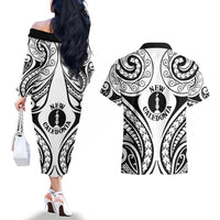New Caledonia Day Couples Matching Off The Shoulder Long Sleeve Dress and Hawaiian Shirt Polynesian Curves White Color LT05 - Polynesian Pride