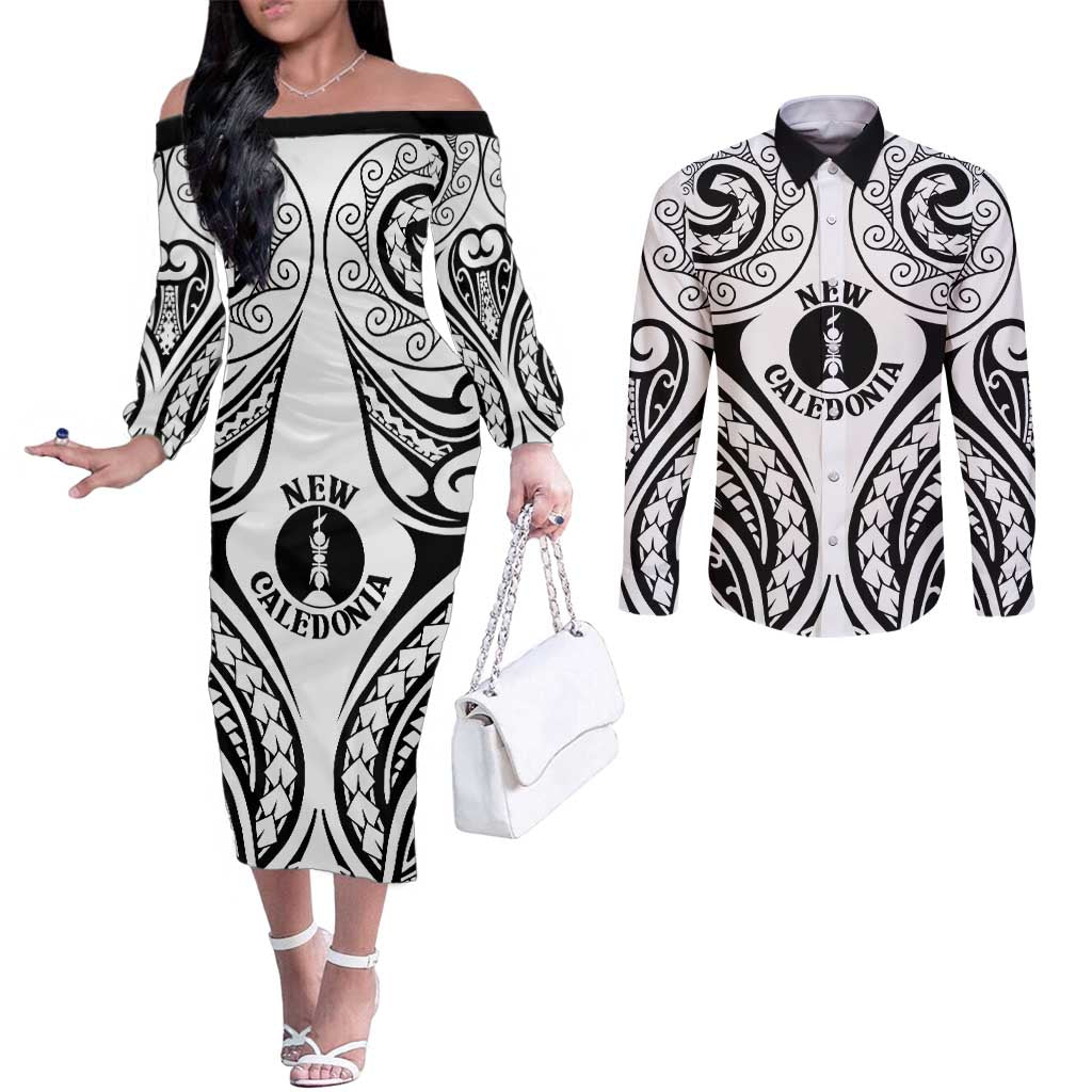 New Caledonia Day Couples Matching Off The Shoulder Long Sleeve Dress and Long Sleeve Button Shirt Polynesian Curves White Color LT05 White - Polynesian Pride