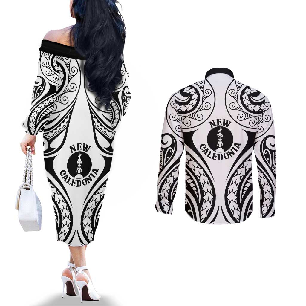 New Caledonia Day Couples Matching Off The Shoulder Long Sleeve Dress and Long Sleeve Button Shirt Polynesian Curves White Color LT05 - Polynesian Pride