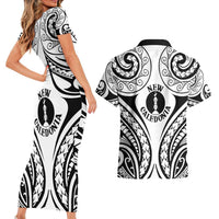 New Caledonia Day Couples Matching Short Sleeve Bodycon Dress and Hawaiian Shirt Polynesian Curves White Color LT05 - Polynesian Pride