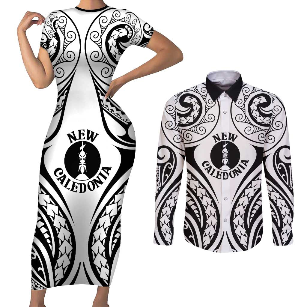New Caledonia Day Couples Matching Short Sleeve Bodycon Dress and Long Sleeve Button Shirt Polynesian Curves White Color LT05 White - Polynesian Pride