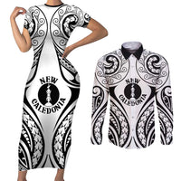 New Caledonia Day Couples Matching Short Sleeve Bodycon Dress and Long Sleeve Button Shirt Polynesian Curves White Color LT05 White - Polynesian Pride