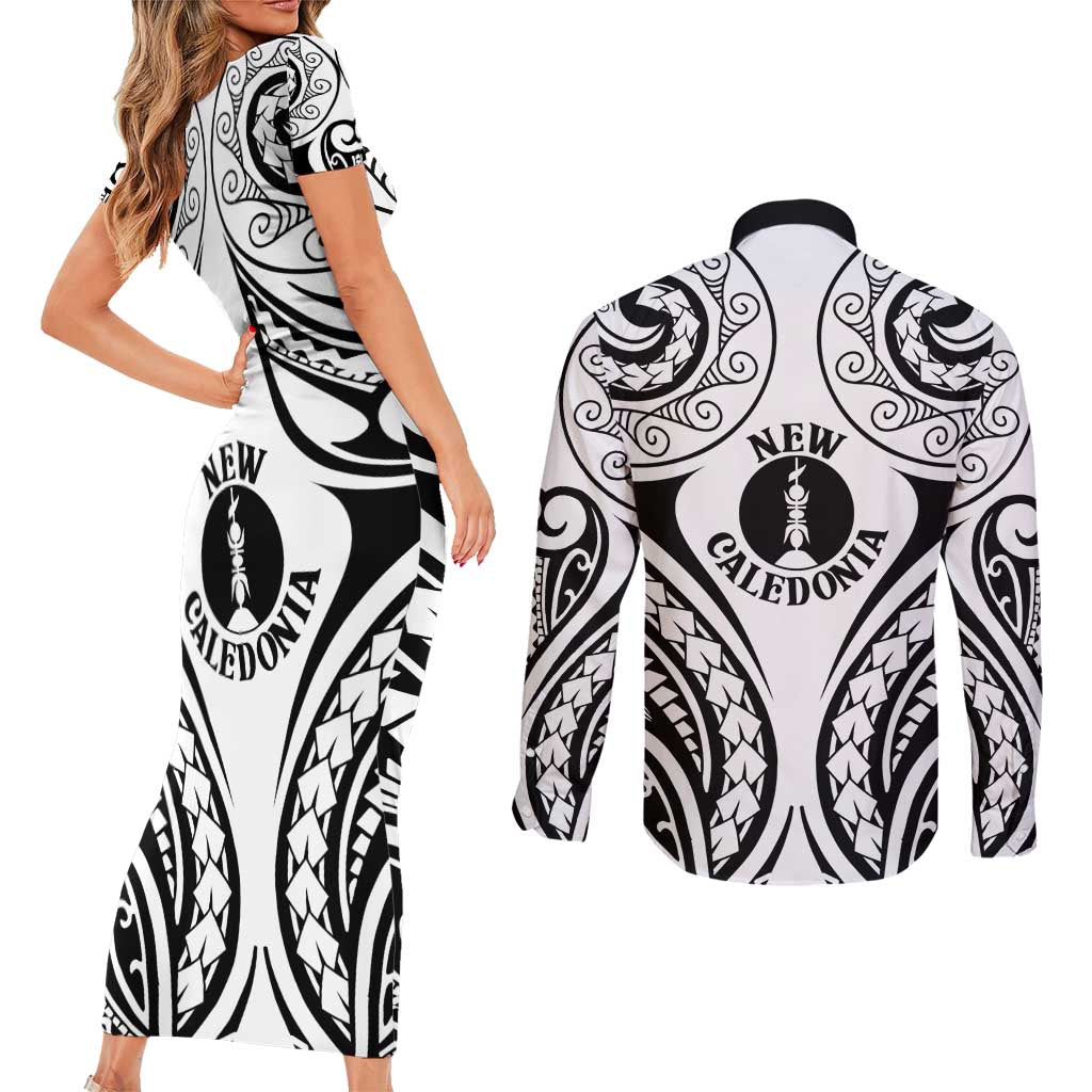 New Caledonia Day Couples Matching Short Sleeve Bodycon Dress and Long Sleeve Button Shirt Polynesian Curves White Color LT05 - Polynesian Pride