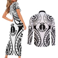 New Caledonia Day Couples Matching Short Sleeve Bodycon Dress and Long Sleeve Button Shirt Polynesian Curves White Color LT05 - Polynesian Pride