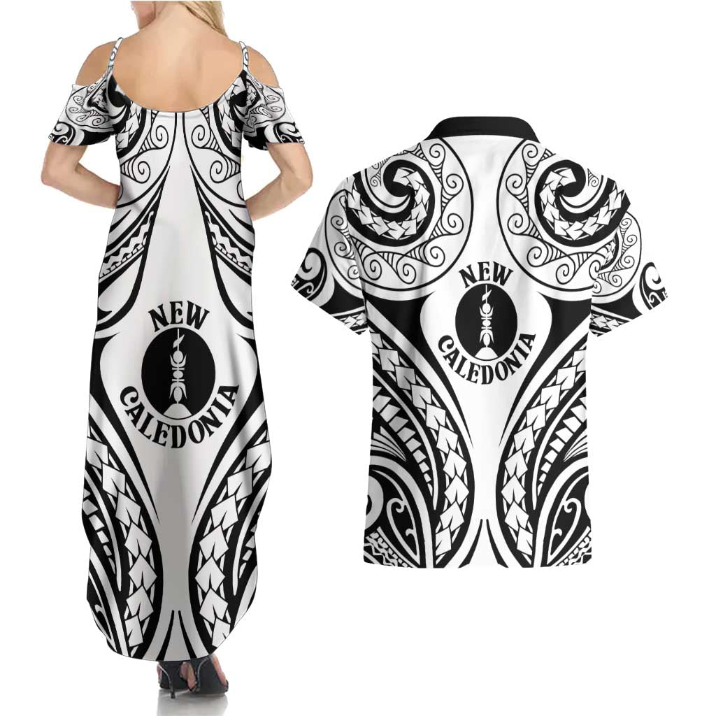 New Caledonia Day Couples Matching Summer Maxi Dress and Hawaiian Shirt Polynesian Curves White Color LT05 - Polynesian Pride