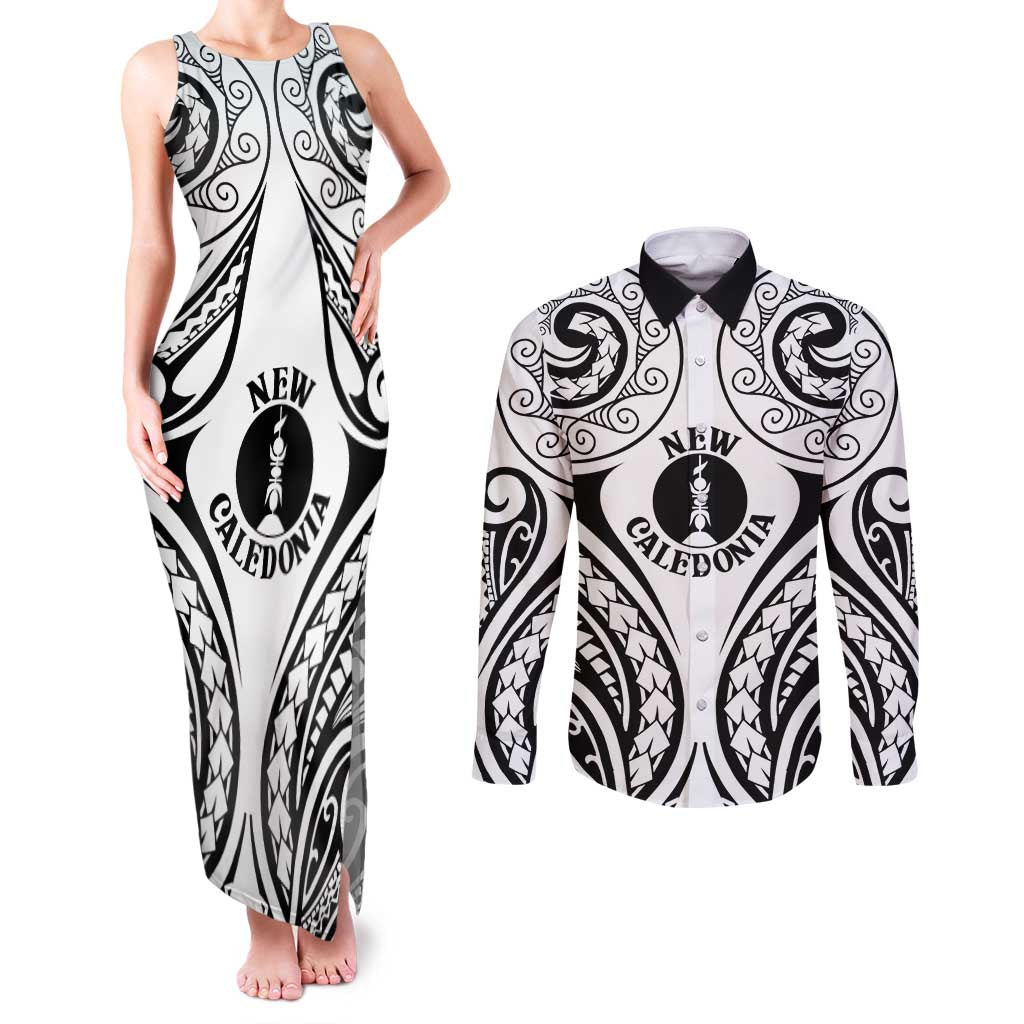 New Caledonia Day Couples Matching Tank Maxi Dress and Long Sleeve Button Shirt Polynesian Curves White Color LT05 White - Polynesian Pride