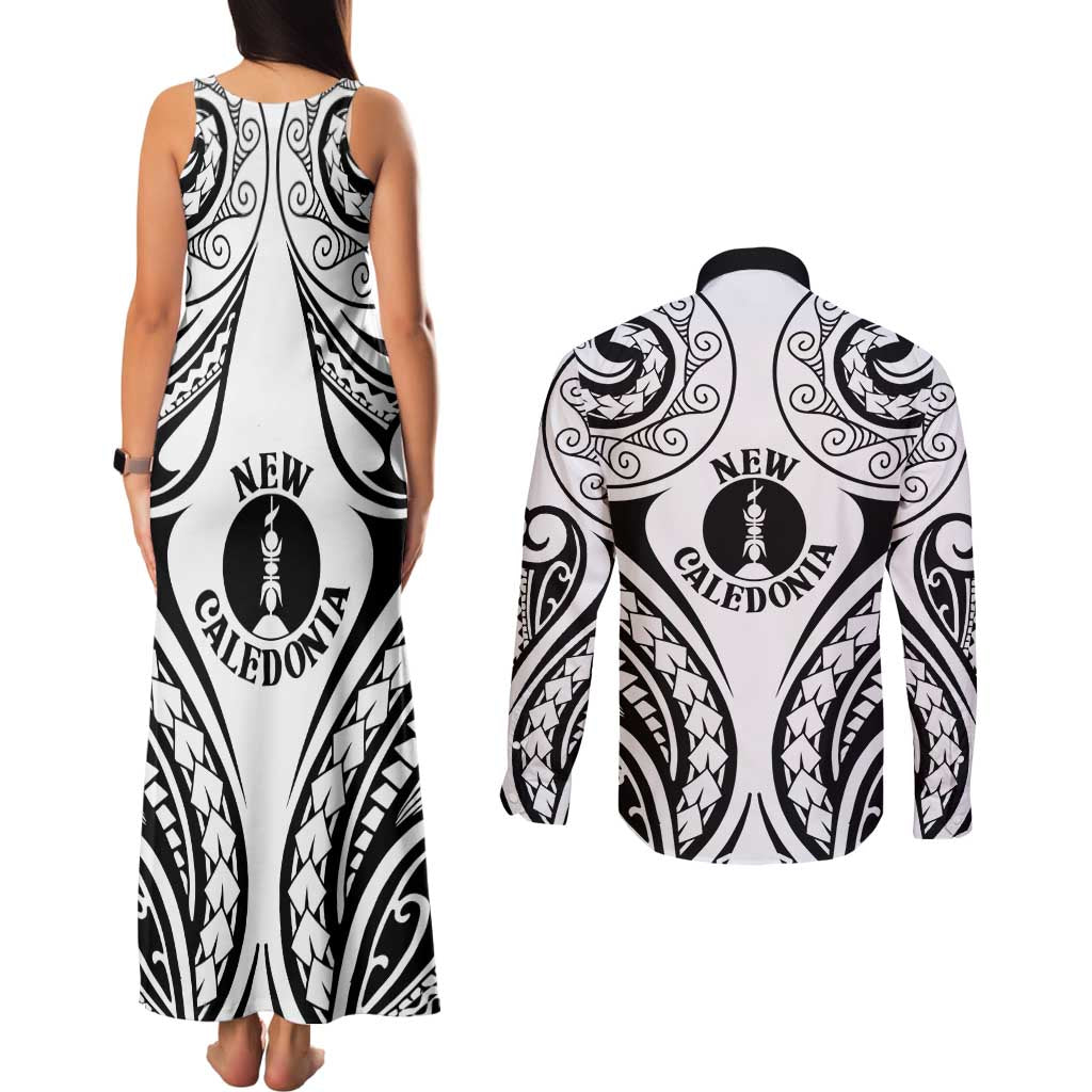 New Caledonia Day Couples Matching Tank Maxi Dress and Long Sleeve Button Shirt Polynesian Curves White Color LT05 - Polynesian Pride