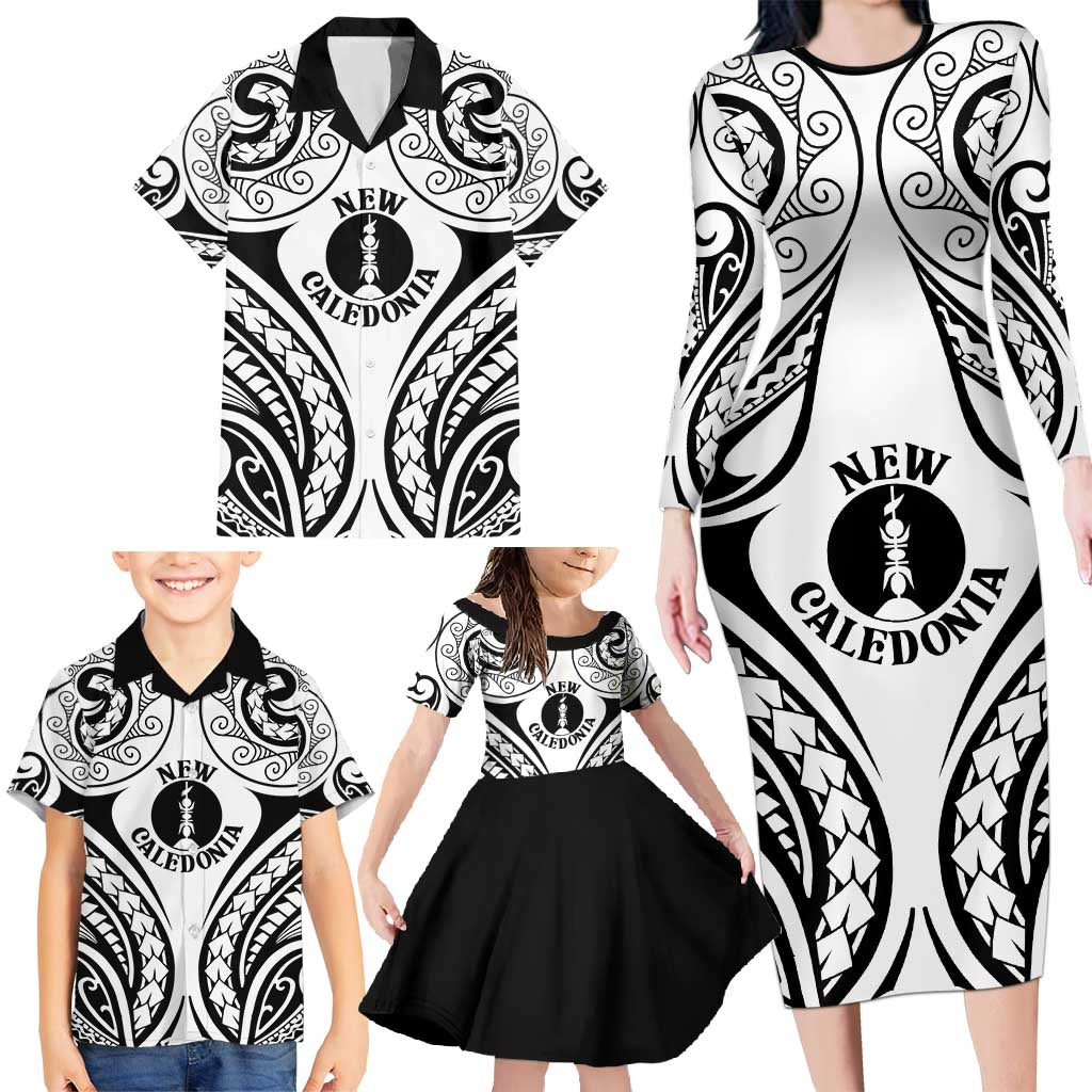 New Caledonia Day Family Matching Long Sleeve Bodycon Dress and Hawaiian Shirt Polynesian Curves White Color LT05 - Polynesian Pride