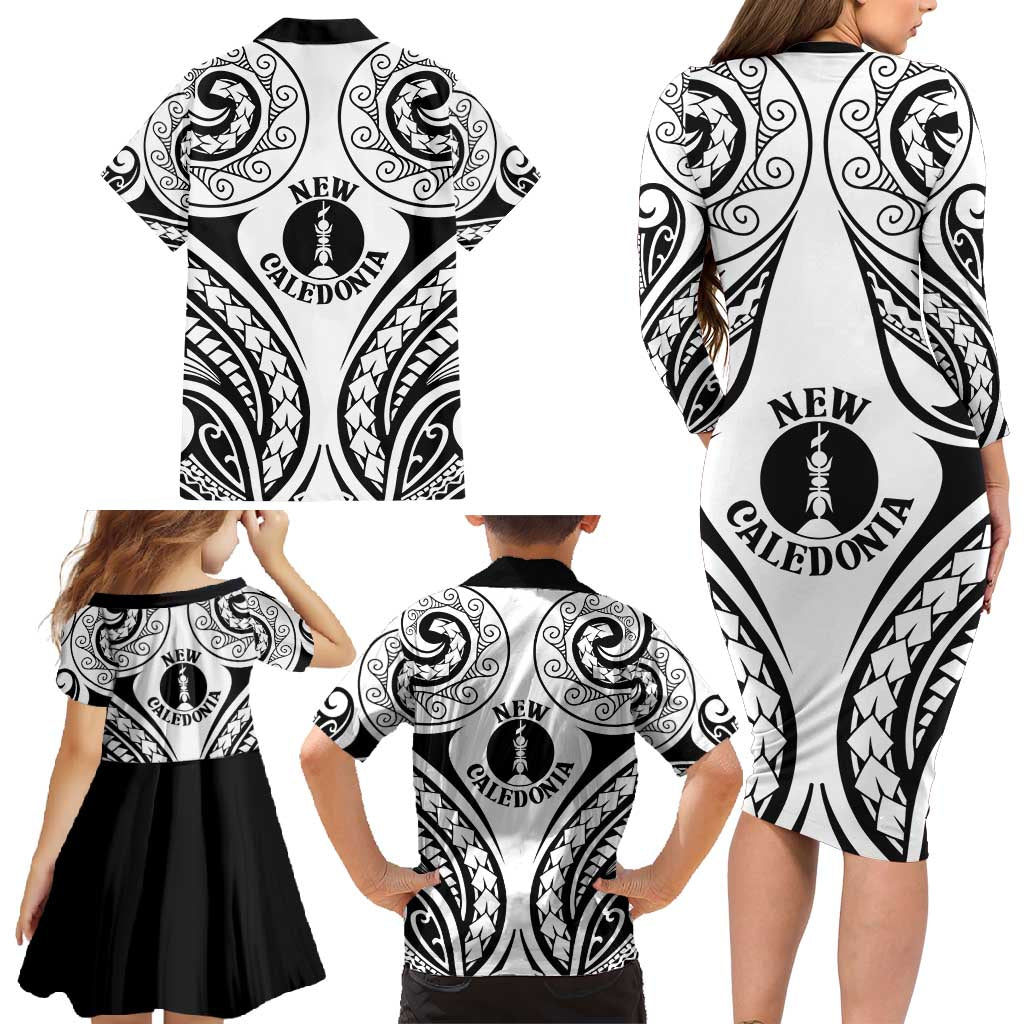 New Caledonia Day Family Matching Long Sleeve Bodycon Dress and Hawaiian Shirt Polynesian Curves White Color LT05 - Polynesian Pride