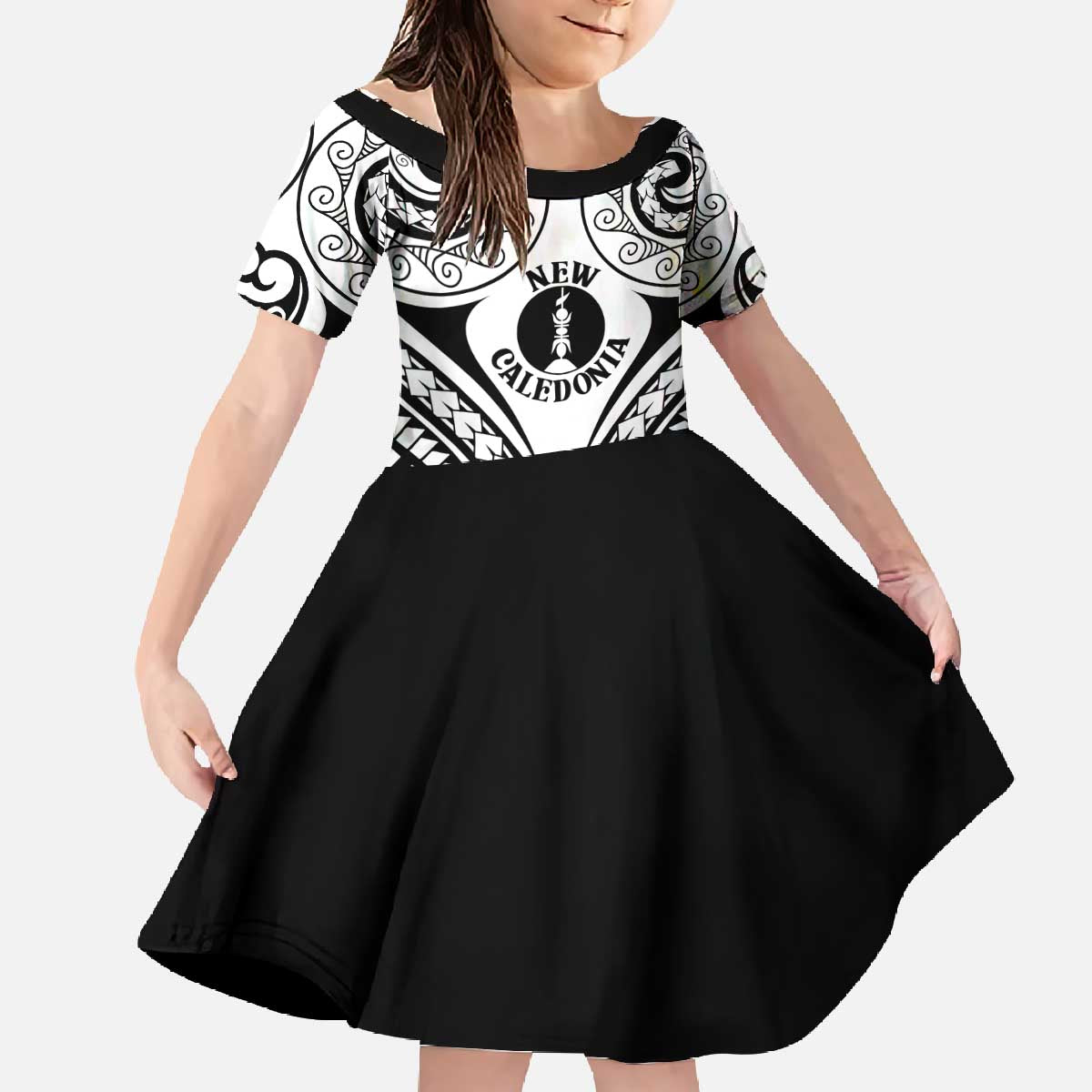New Caledonia Day Family Matching Off The Shoulder Long Sleeve Dress and Hawaiian Shirt Polynesian Curves White Color LT05 Daughter's Dress White - Polynesian Pride