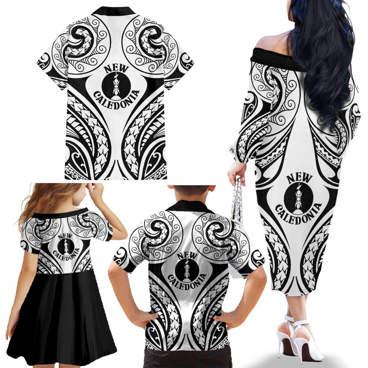 New Caledonia Day Family Matching Off The Shoulder Long Sleeve Dress and Hawaiian Shirt Polynesian Curves White Color LT05 - Polynesian Pride