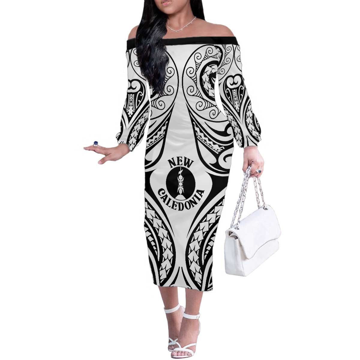 New Caledonia Day Family Matching Off The Shoulder Long Sleeve Dress and Hawaiian Shirt Polynesian Curves White Color LT05 Mom's Dress White - Polynesian Pride