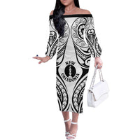 New Caledonia Day Family Matching Off The Shoulder Long Sleeve Dress and Hawaiian Shirt Polynesian Curves White Color LT05 Mom's Dress White - Polynesian Pride