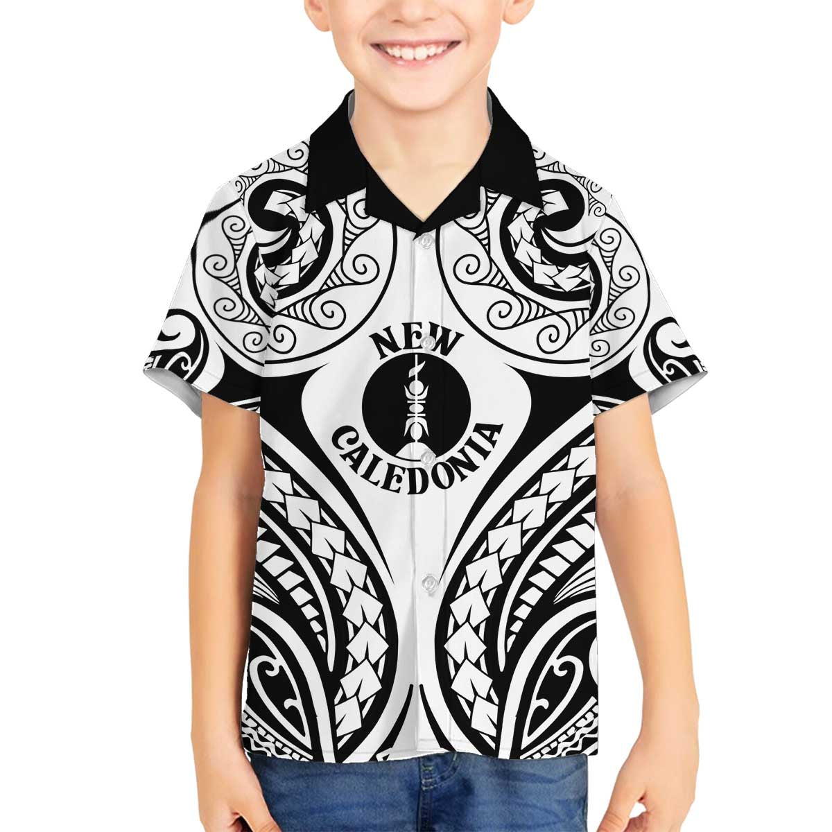 New Caledonia Day Family Matching Off The Shoulder Long Sleeve Dress and Hawaiian Shirt Polynesian Curves White Color LT05 Son's Shirt White - Polynesian Pride