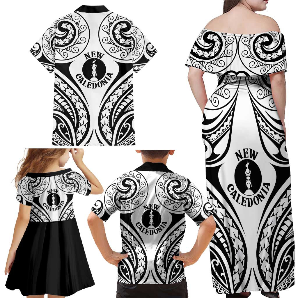 New Caledonia Day Family Matching Off Shoulder Maxi Dress and Hawaiian Shirt Polynesian Curves White Color LT05 - Polynesian Pride