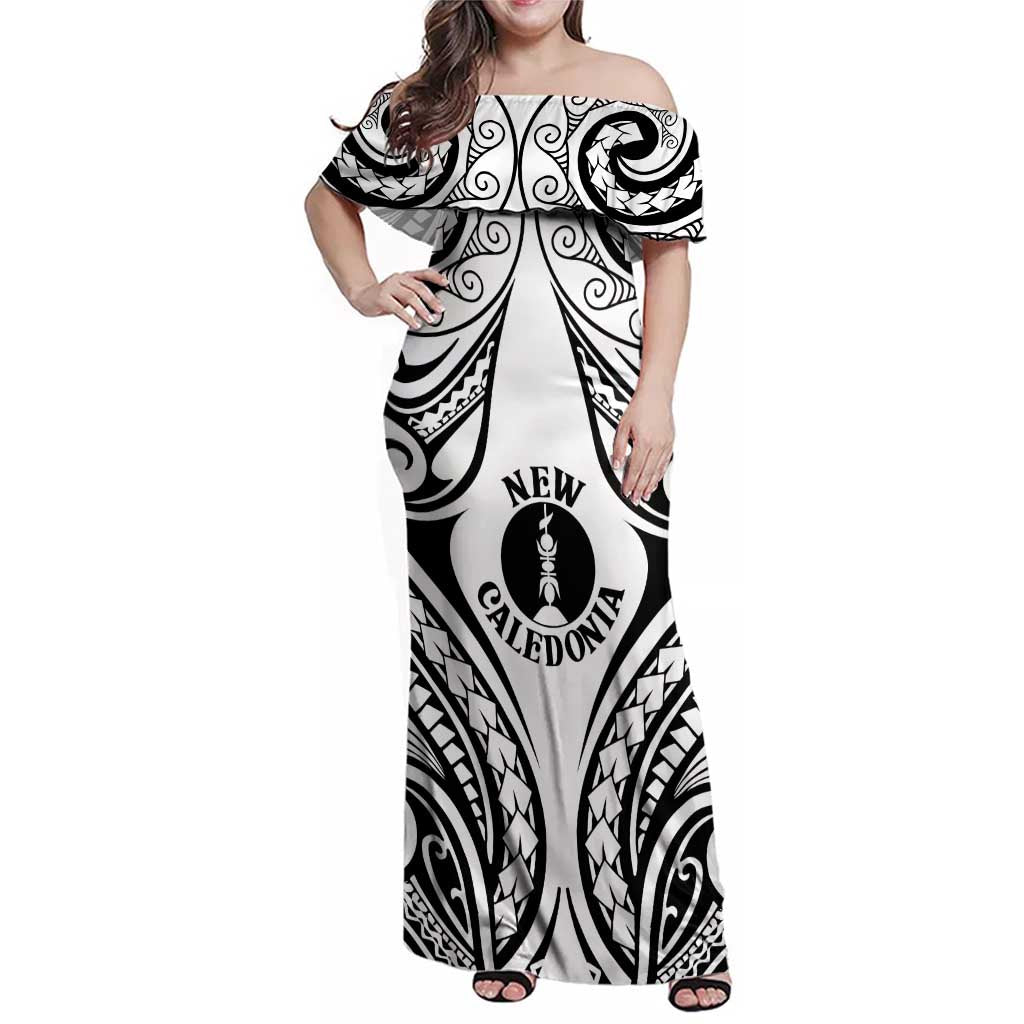 New Caledonia Day Family Matching Off Shoulder Maxi Dress and Hawaiian Shirt Polynesian Curves White Color LT05 Mom's Dress White - Polynesian Pride