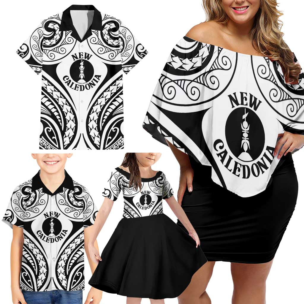 New Caledonia Day Family Matching Off Shoulder Short Dress and Hawaiian Shirt Polynesian Curves White Color LT05 - Polynesian Pride