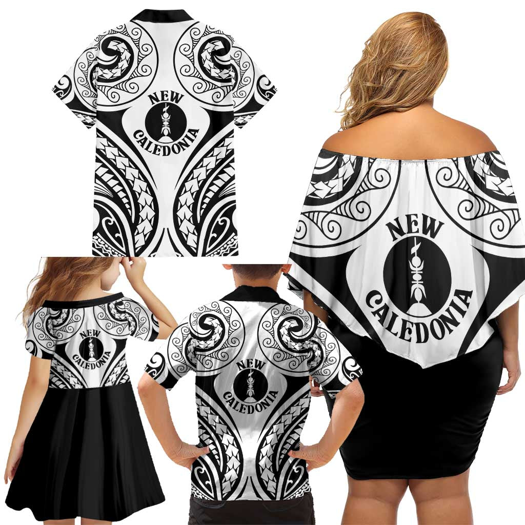 New Caledonia Day Family Matching Off Shoulder Short Dress and Hawaiian Shirt Polynesian Curves White Color LT05 - Polynesian Pride