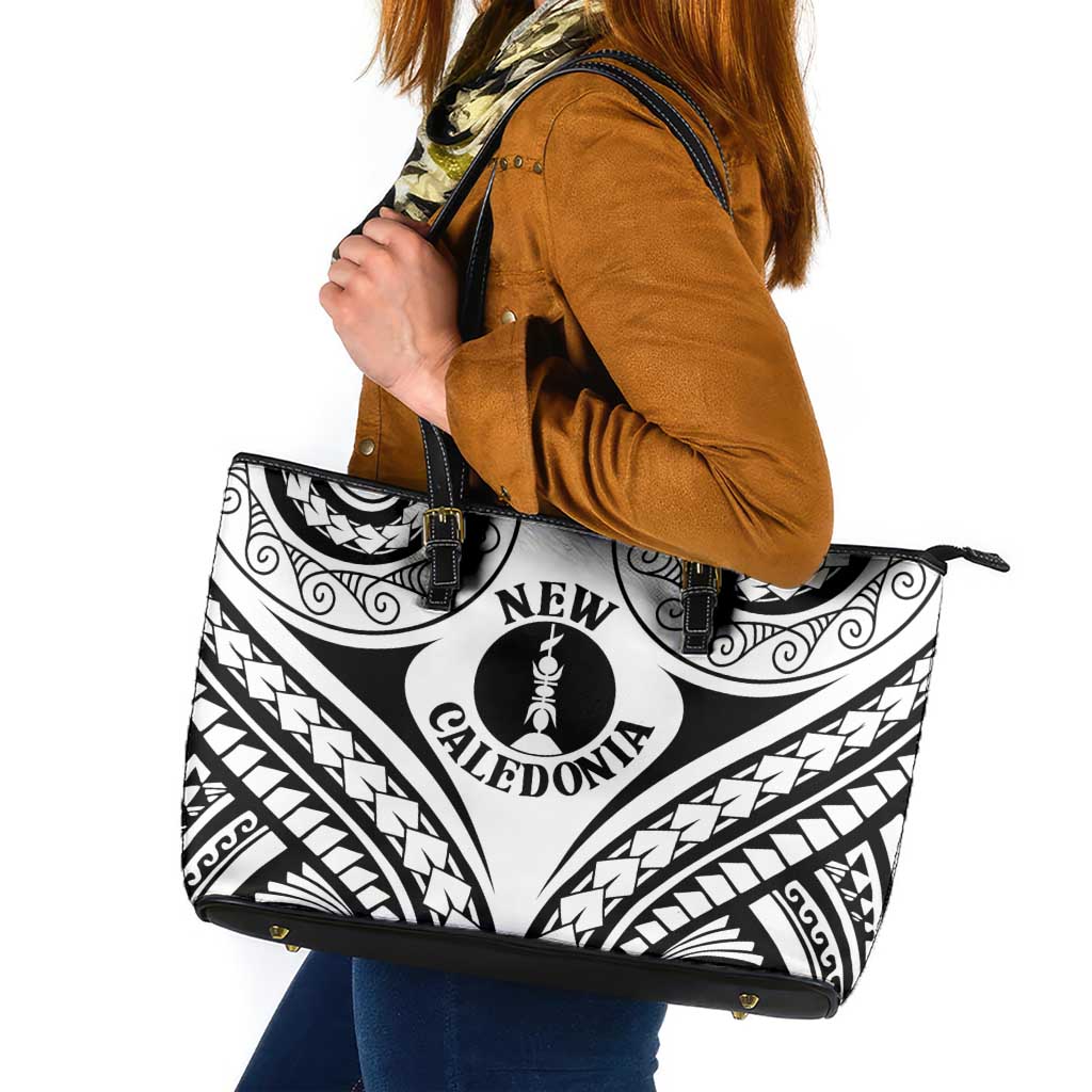 New Caledonia Day Leather Tote Bag Polynesian Curves White Color - Polynesian Pride