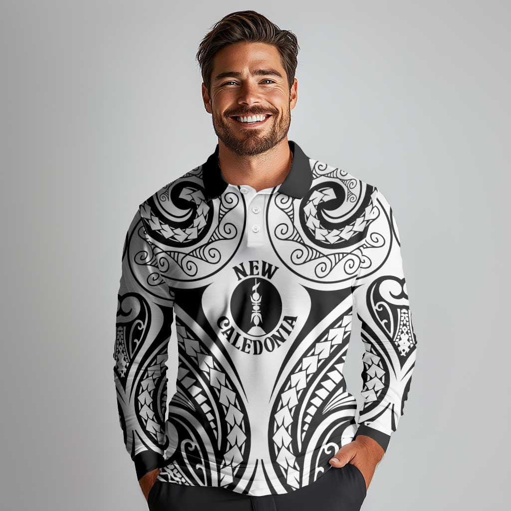 New Caledonia Day Long Sleeve Polo Shirt Polynesian Curves White Color - Polynesian Pride