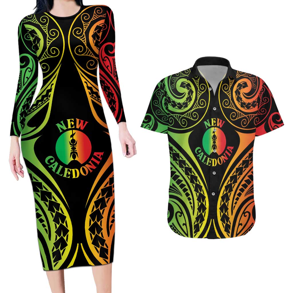New Caledonia Day Couples Matching Long Sleeve Bodycon Dress and Hawaiian Shirt Polynesian Curves Reggae Color LT05 Reggae - Polynesian Pride