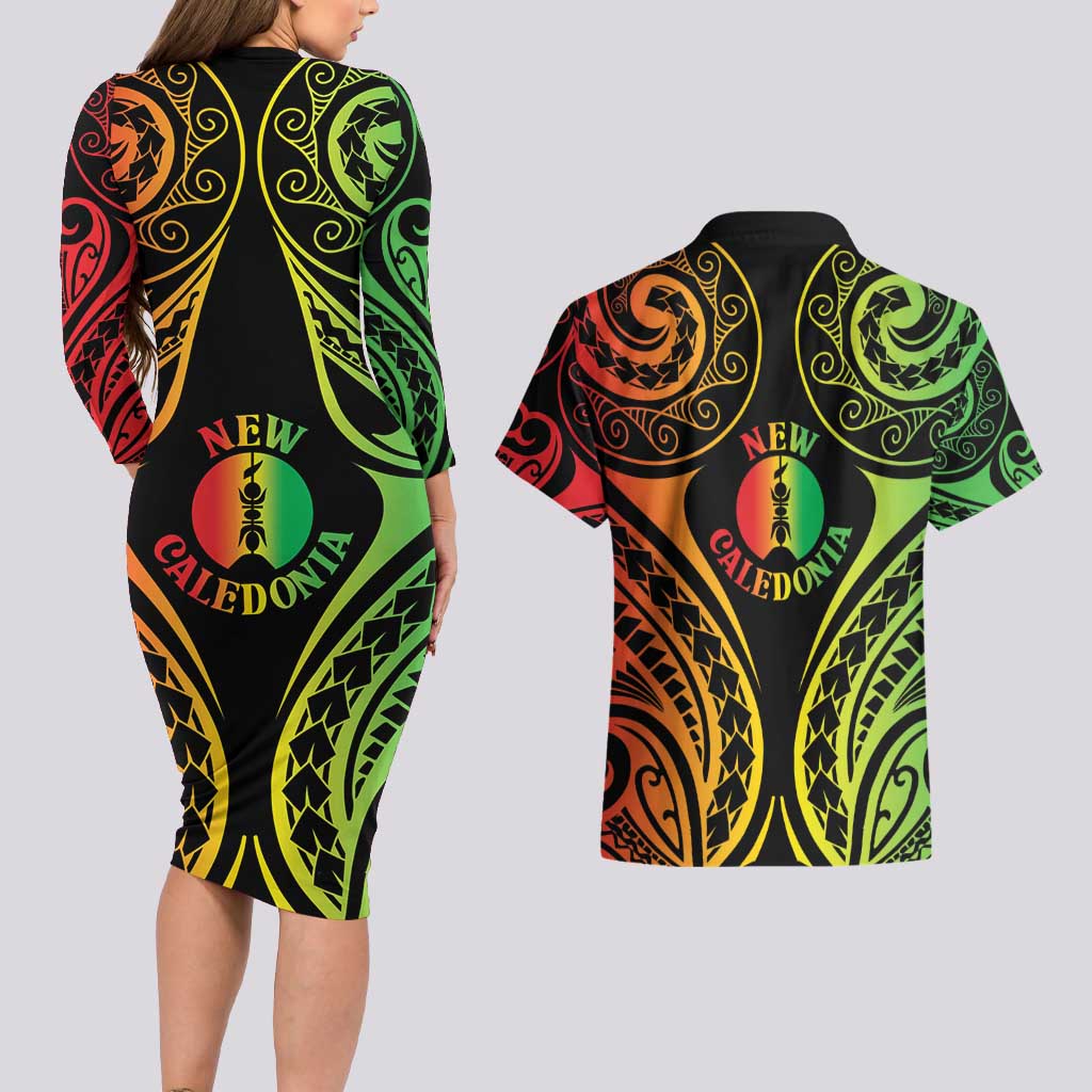 New Caledonia Day Couples Matching Long Sleeve Bodycon Dress and Hawaiian Shirt Polynesian Curves Reggae Color LT05 - Polynesian Pride