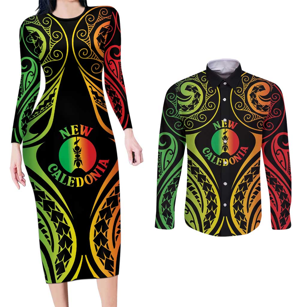 New Caledonia Day Couples Matching Long Sleeve Bodycon Dress and Long Sleeve Button Shirt Polynesian Curves Reggae Color LT05 Reggae - Polynesian Pride