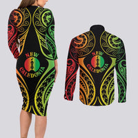 New Caledonia Day Couples Matching Long Sleeve Bodycon Dress and Long Sleeve Button Shirt Polynesian Curves Reggae Color LT05 - Polynesian Pride