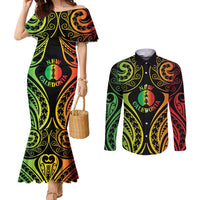 New Caledonia Day Couples Matching Mermaid Dress and Long Sleeve Button Shirt Polynesian Curves Reggae Color LT05 Reggae - Polynesian Pride