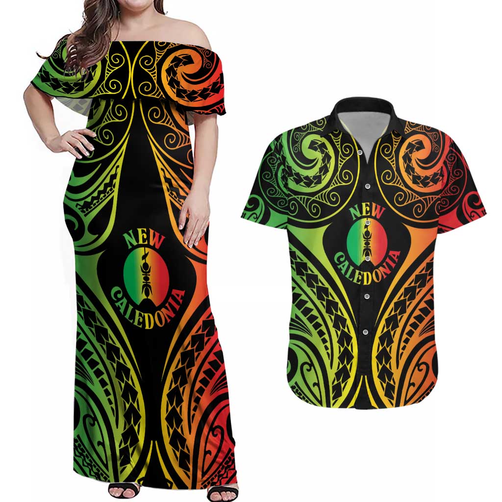 New Caledonia Day Couples Matching Off Shoulder Maxi Dress and Hawaiian Shirt Polynesian Curves Reggae Color LT05 Reggae - Polynesian Pride
