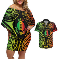 New Caledonia Day Couples Matching Off Shoulder Short Dress and Hawaiian Shirt Polynesian Curves Reggae Color LT05 Reggae - Polynesian Pride