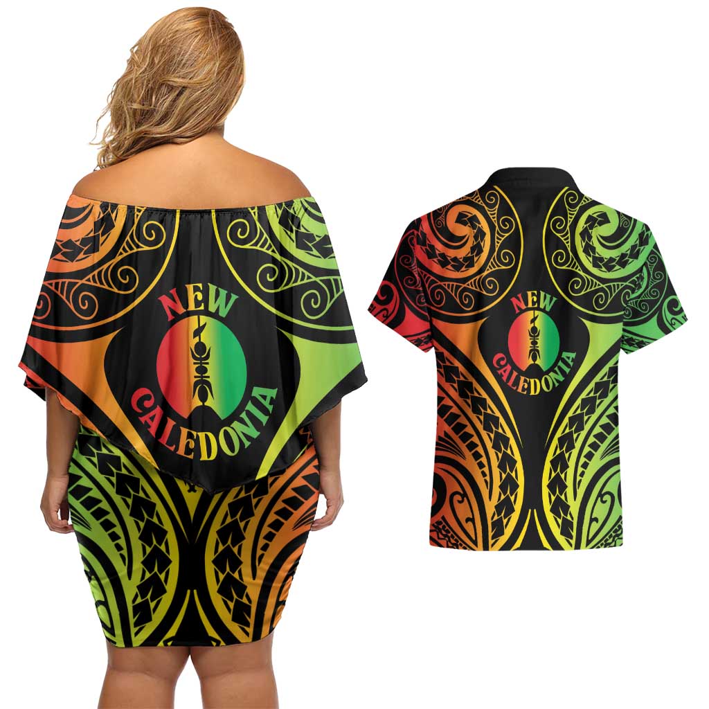 New Caledonia Day Couples Matching Off Shoulder Short Dress and Hawaiian Shirt Polynesian Curves Reggae Color LT05 - Polynesian Pride